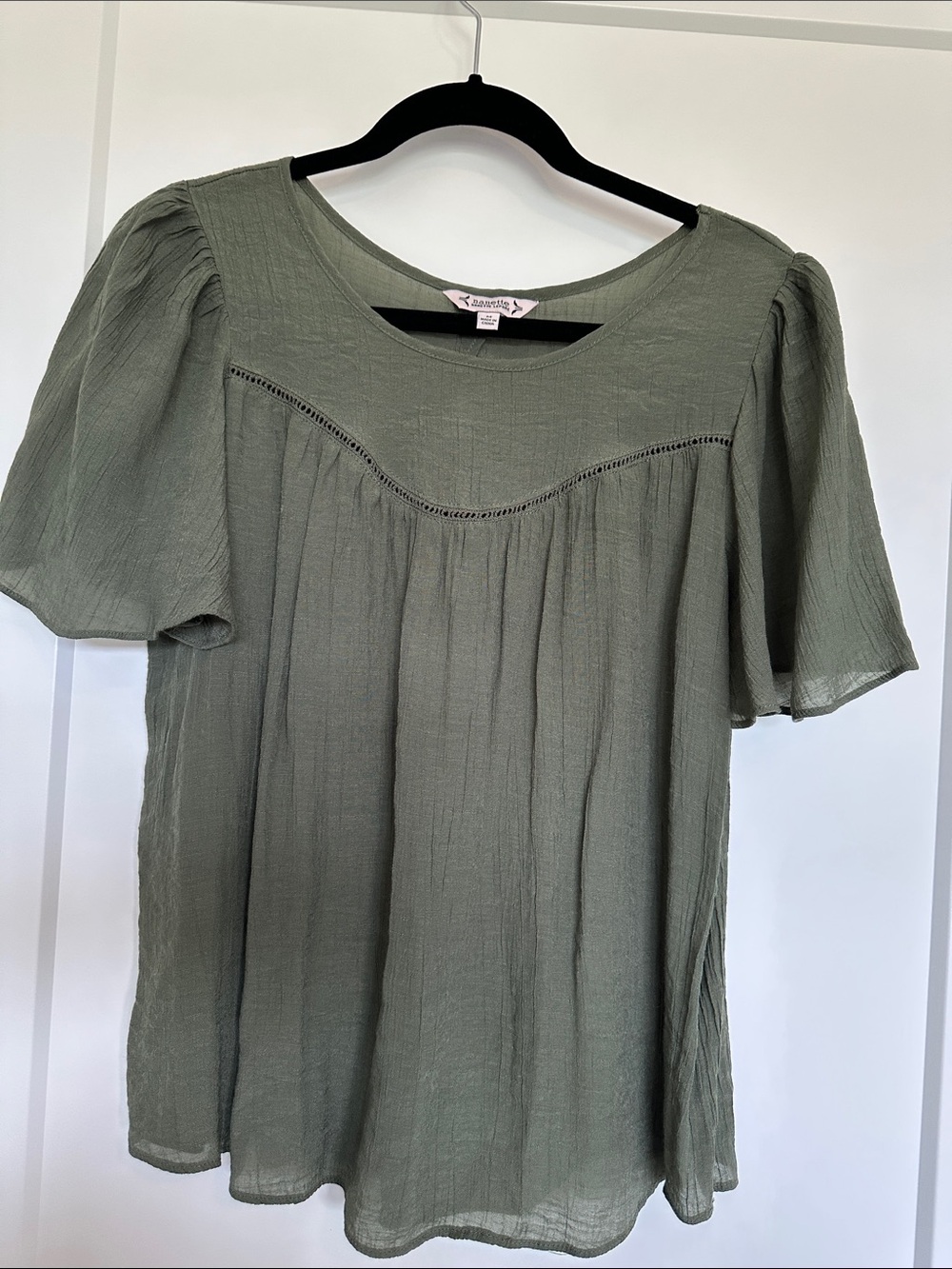 Nanette Lepore Olive Green Flutter Sleeve Peasant Top